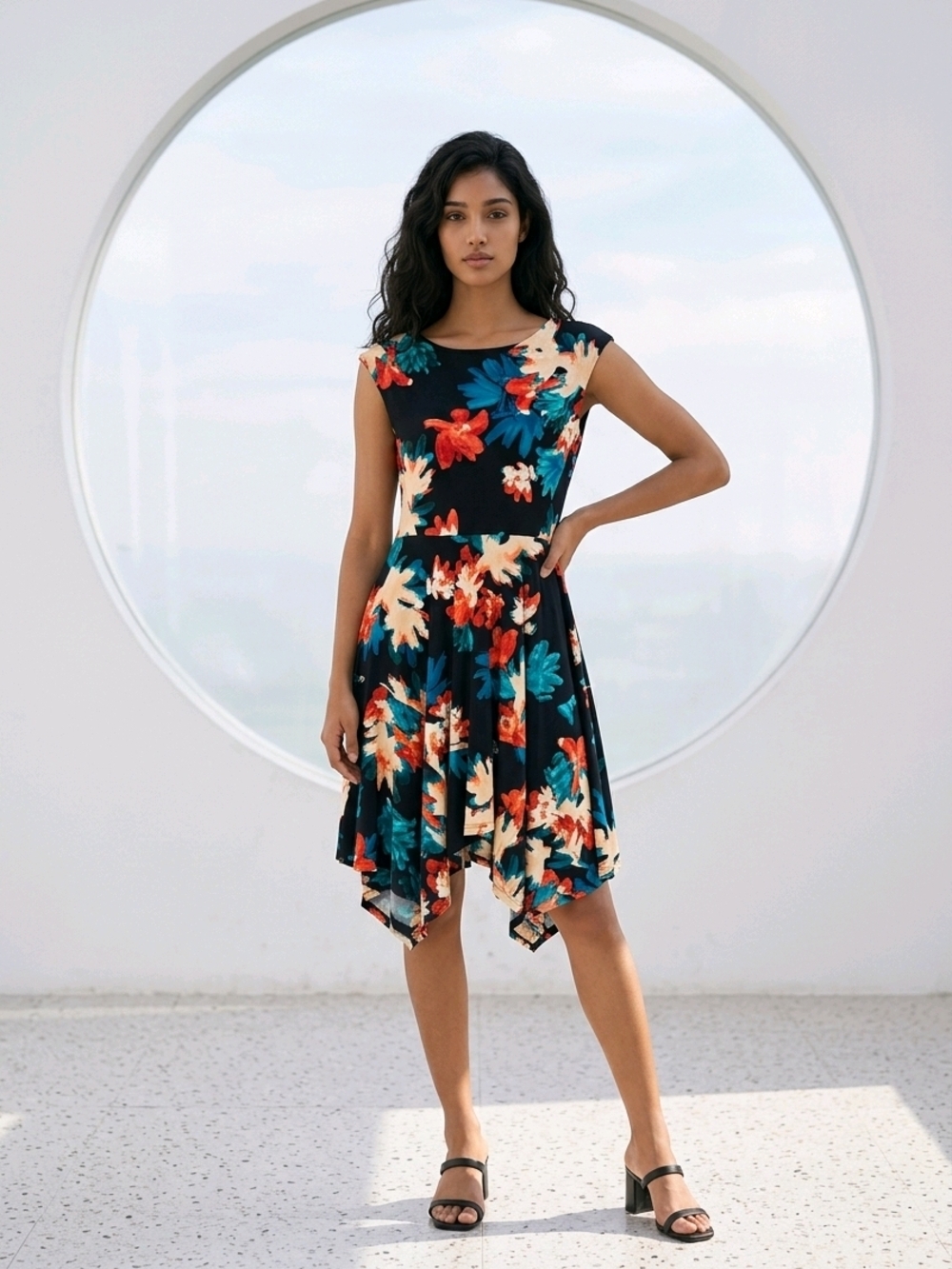 Ellen Tracy Floral Handkerchief Dress Navy Fit & Flare Asymmetrical S Twirl Chic